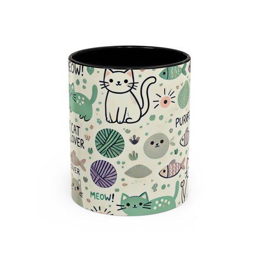 Cat Lover Accent Mug, Cute Cat Motifs Coffee Cup for Cat Owners, Cat Lady Gift, Cat Mom Mug, Cat Dad Cup, Pet Lover Kitchen Decor